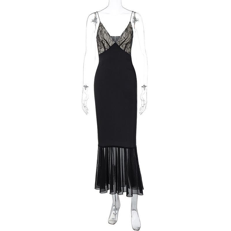 Lace Patchwork Spaghetti Strap V Neck Mermaid Hem Midi Dress 2