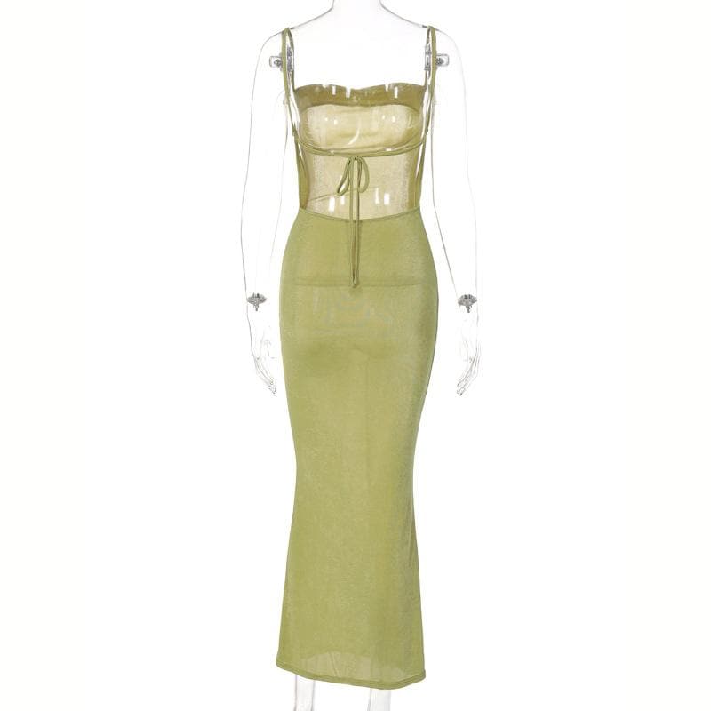 Square Neck Ruched Self Tie Backless Sleeveless Midi Dress 5