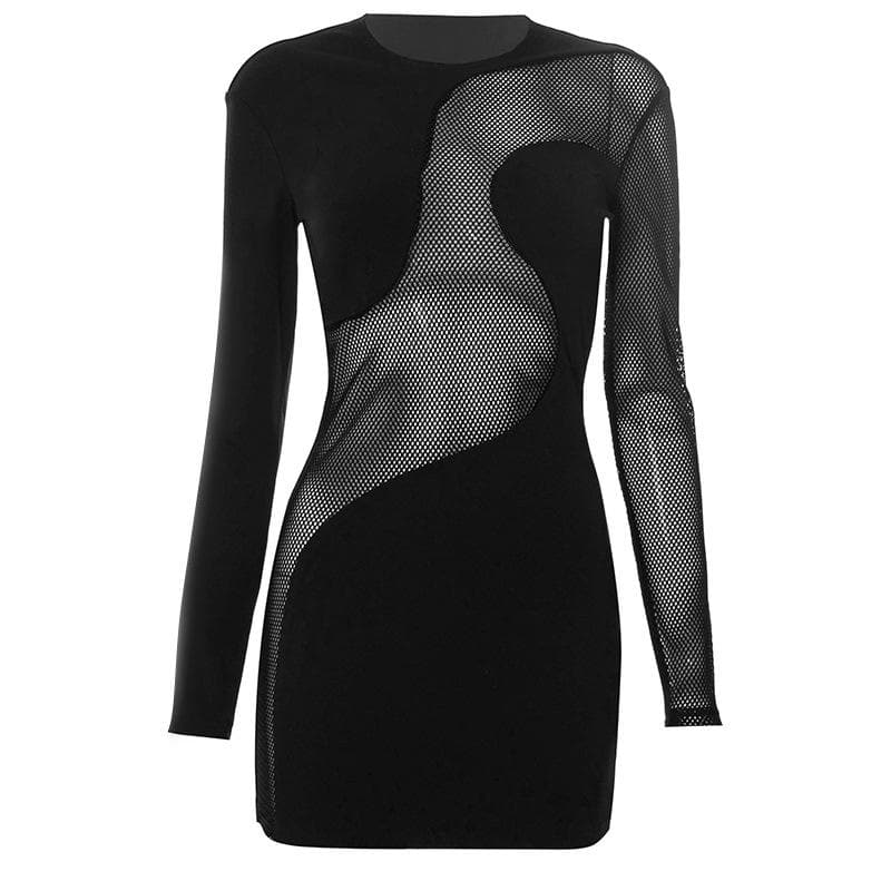 Crew Neck Asymmetric Mesh Panel Long Sleeve Bodycon Mini Dress