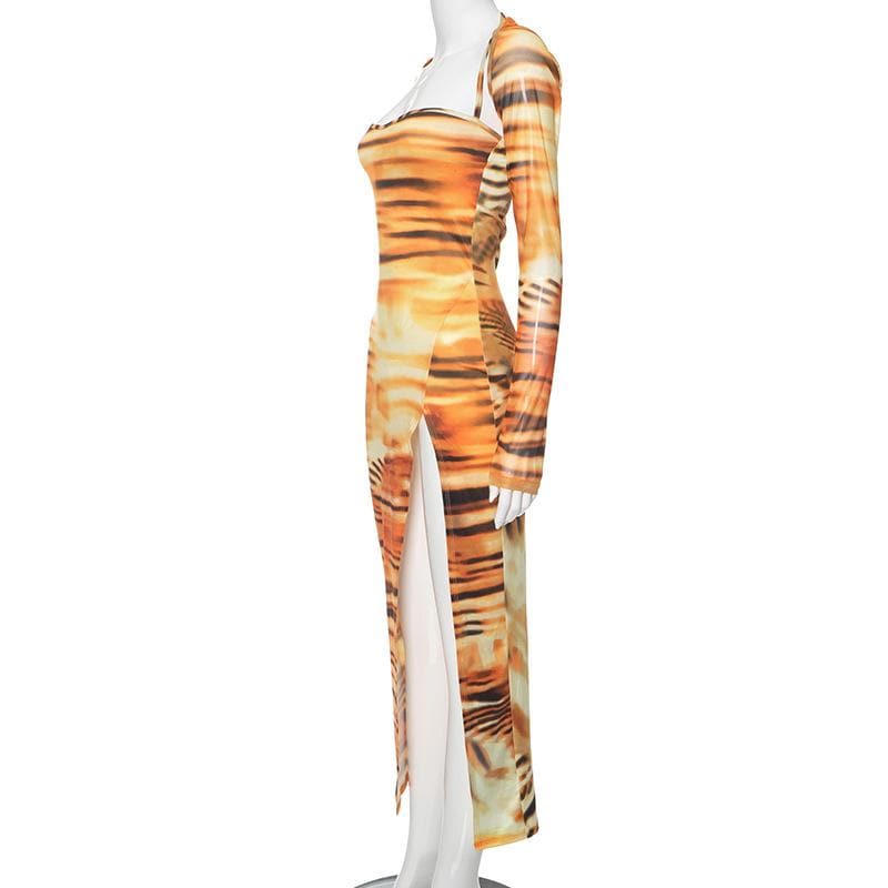 Tiger Print Spaghetti Strap Thigh Slit Bodycon Maxi Dress with Long Sleeve Shrug 4