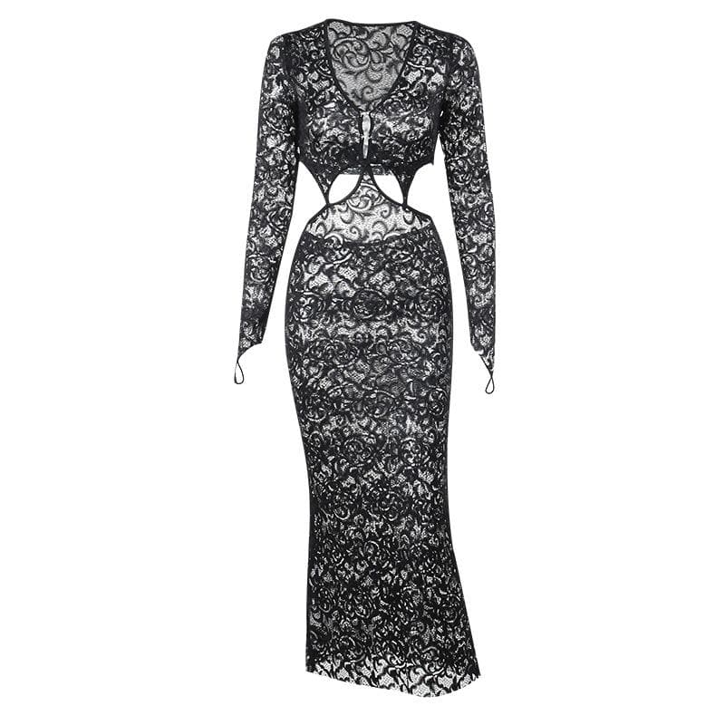Deep V Neck Lace Long Sleeve Waist Cutout Floor Length Maxi Dress 2
