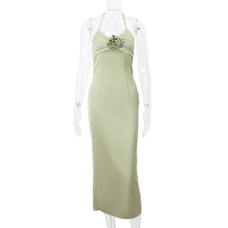 Halter Neck Applique Lace Trim Ruched Satin Column Maxi Dress 2