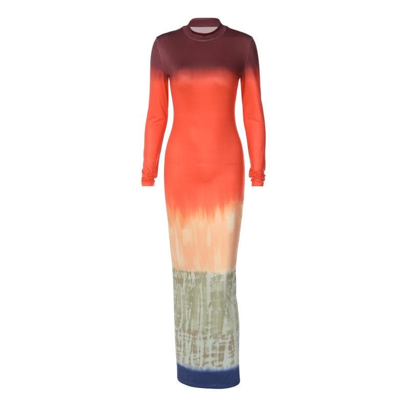 Tie Dye Print Mock Neck Long Sleeve Bodycon Maxi Dress 2