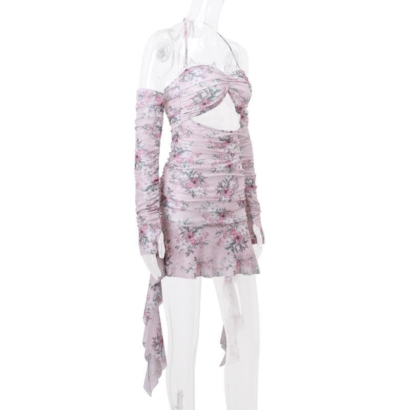 Halter Floral Print Lace Trim Midriff Cutout Ruffle Hem Mini Dress and Lace Arm Sleeves Set 3