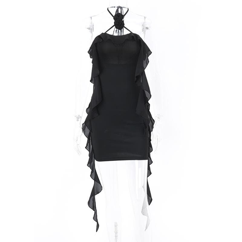 Halter Rosette Choker Side Ruffle Trim Bodycon Mini Dress 4