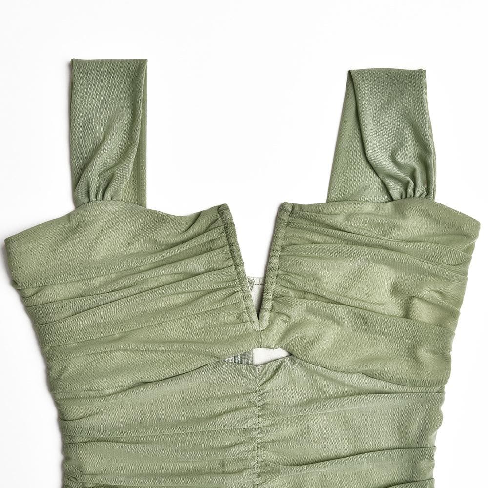 Wide Strap Cutout Bust Ruched Bodice Tiered Mesh Ruffle Hem Maxi Dress 9