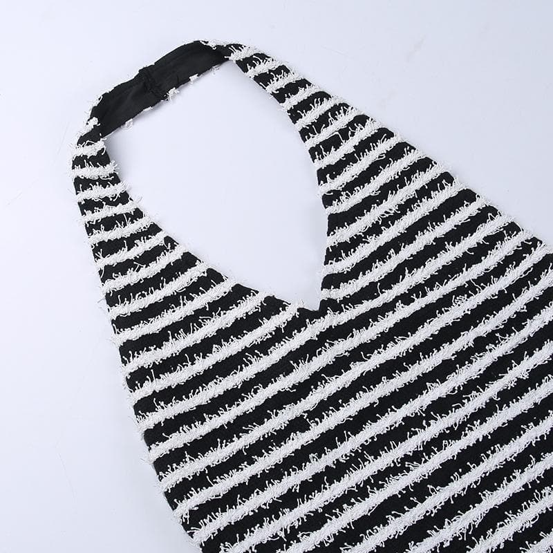 Contrast Striped Fuzzy Knit Halter Neck Backless Bodycon Mini Dress 5