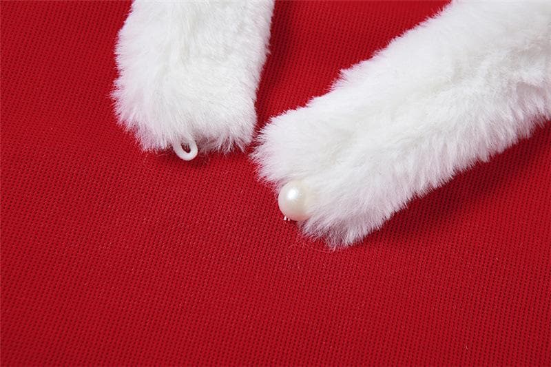 Faux Fur Collar Ribbon Bow Sleeveless Arm Warmer Mini Dress 7
