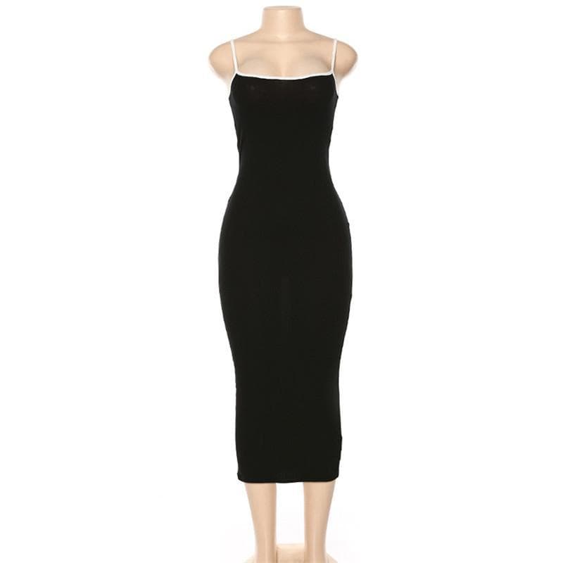 Ribbed Scoop Neck Contrast Trim Spaghetti Strap Midi Dress 8
