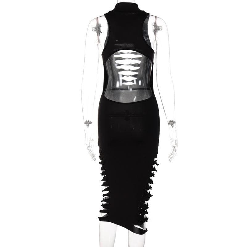 Mock Neck Sleeveless Ladder Tie Front Side Cutout Bodycon Midi Dress 9
