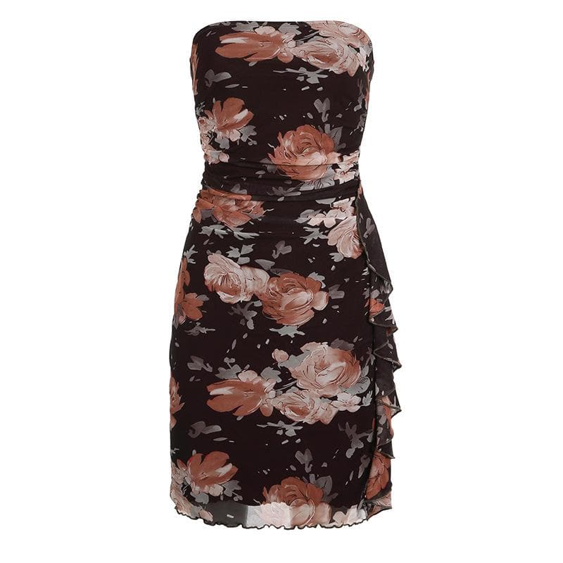 Strapless Floral Print Ruched Mesh Cascade Ruffle Mini Dress 2