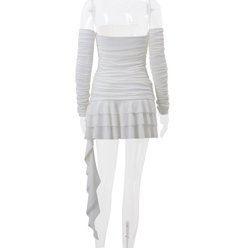 Off Shoulder Ruched Bow Tie Tiered Ruffle Cascade Hem Mini Dress 3