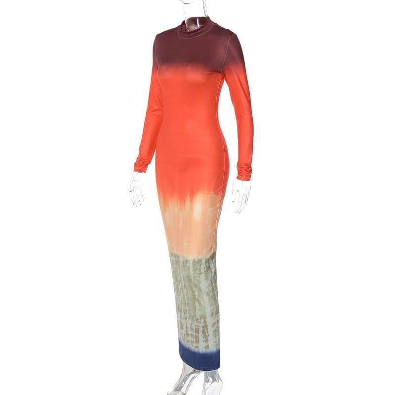 Tie Dye Print Mock Neck Long Sleeve Bodycon Maxi Dress 3