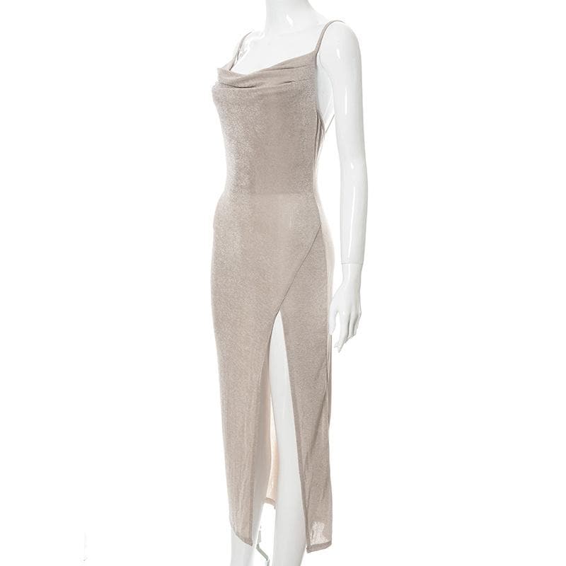 Cowl Neck Spaghetti Strap Ruched Waist High Slit Bodycon Maxi Dress 6