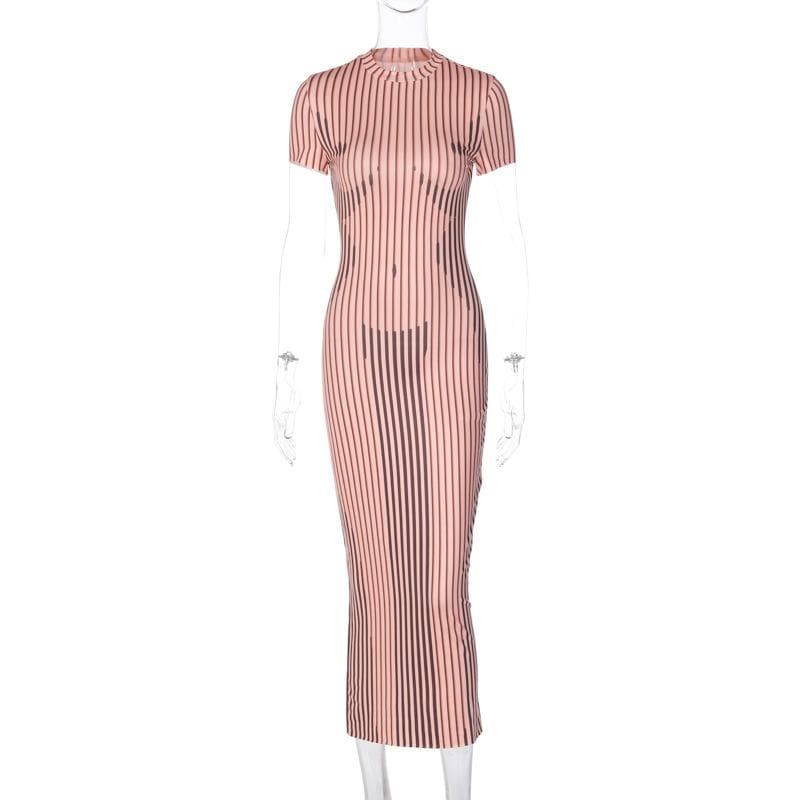 Optical Illusion Body Map Stripe Contrast Crew Neck Cap Sleeve Maxi Dress 4
