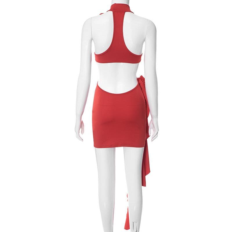 Halter Keyhole Neck Rosette Applique Cascading Ruffle Side Mini Dress 4