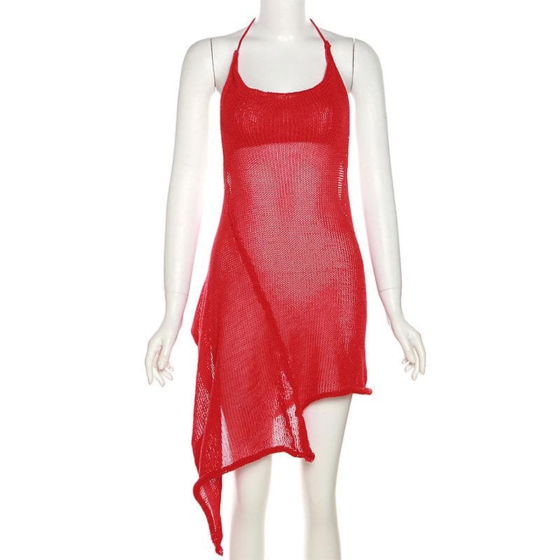 Halter Self Tie Crochet Mesh Asymmetric Ruffle Hem Backless Mini Dress 2