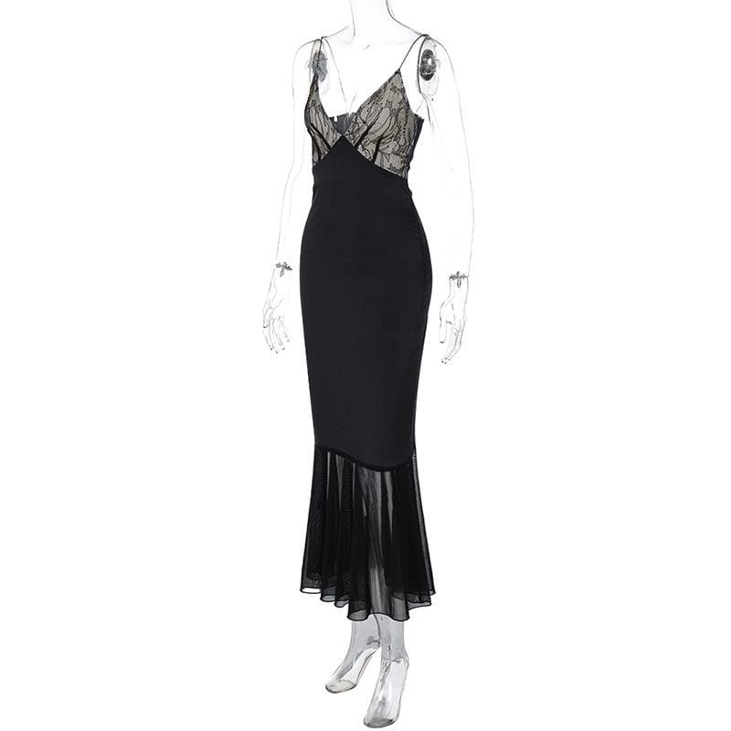Lace Patchwork Spaghetti Strap V Neck Mermaid Hem Midi Dress 8