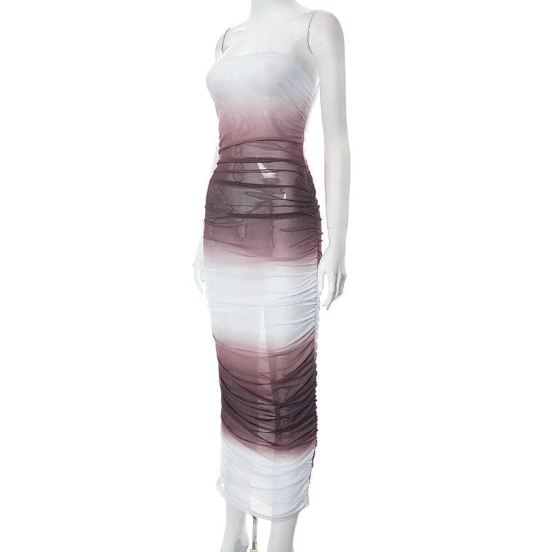 Gradient Mesh Ruched Strapless Tube Bodycon Maxi Dress 3