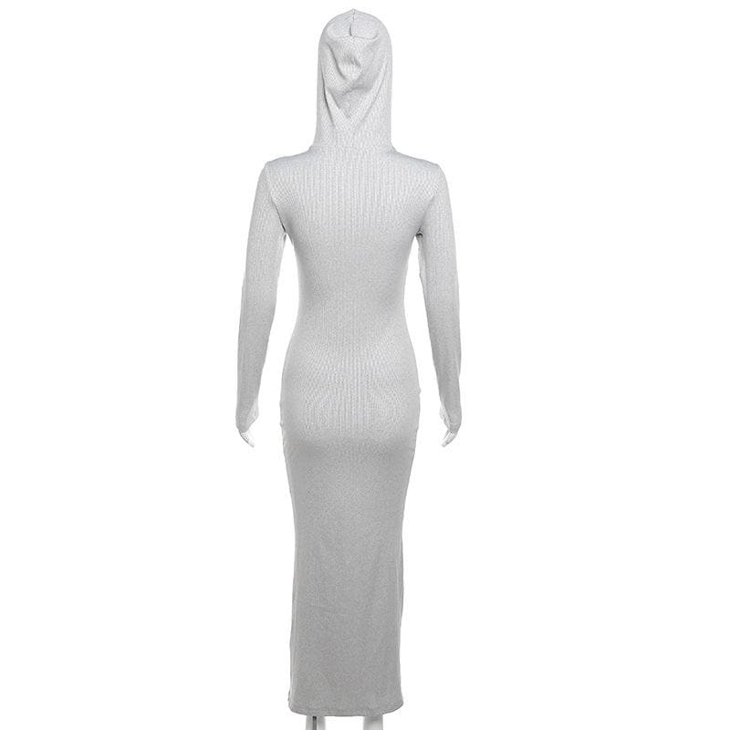 Hooded Zip Front Ribbed Panel Bodycon Maxi Dress 5