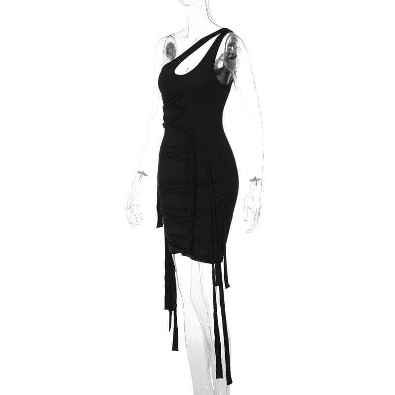 One Shoulder Bandage Lace Up Ribbon Strap Tassel Hem Mini Dress 5