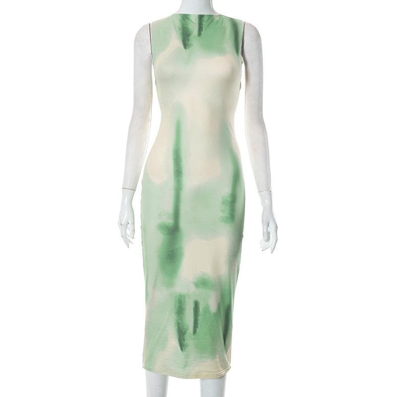 Mock Neck Sleeveless Abstract Tie Dye Bodycon Midi Dress 8