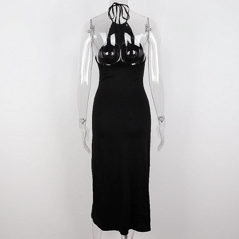 Halter Neck Circular Cutout Ruched Side Slit Maxi Dress 4