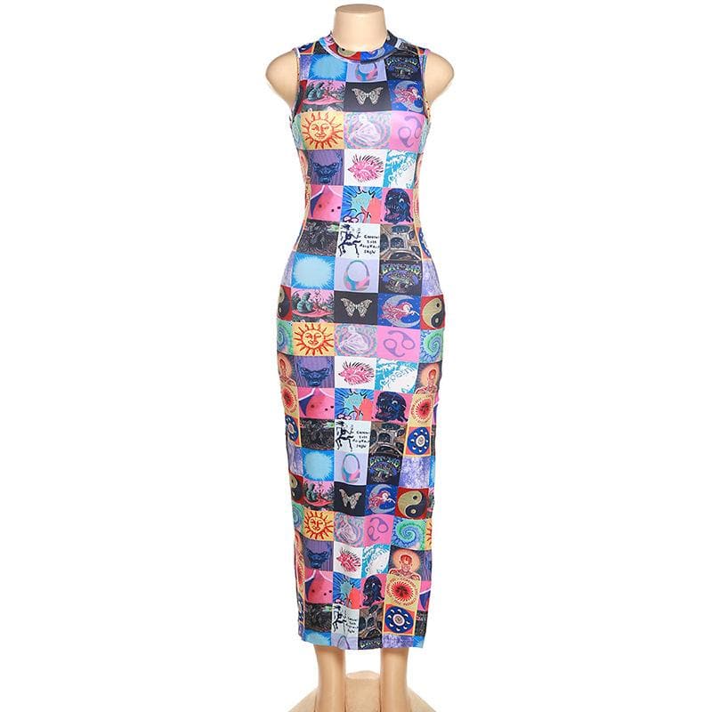 Sleeveless Mock Neck Patchwork Graphic Print Bodycon Maxi Dress 2