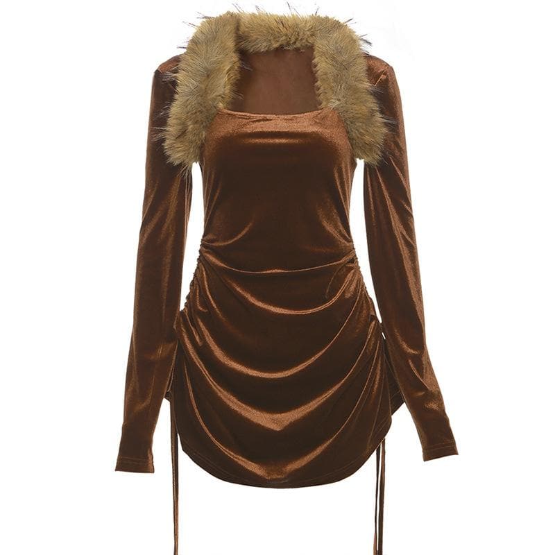 Faux Fur Collar Square Neck Long Sleeve Ruched Drawstring Side Mini Dress 2