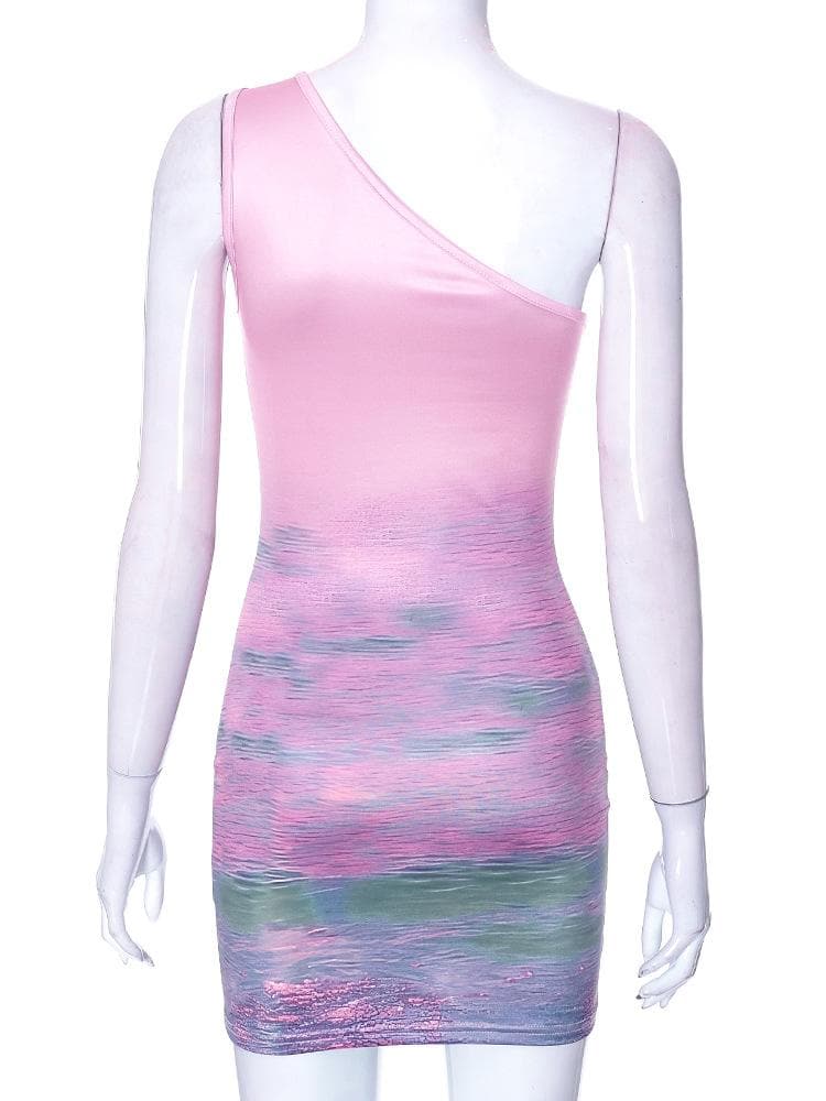 One Shoulder Swan Heart Sunset Graphic Bodycon Mini Dress 4