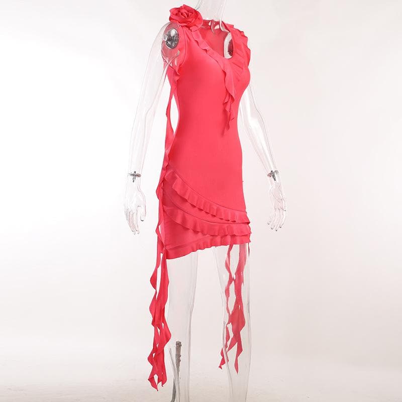 V Neck Floral Applique Ruffle Ribbon Asymmetric Hem Mini Dress 3
