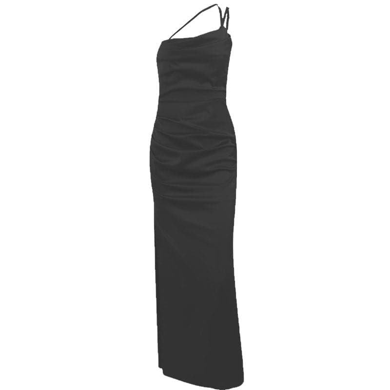 One-Shoulder Double Strap Ruched Satin Side Slit Maxi Gown 9