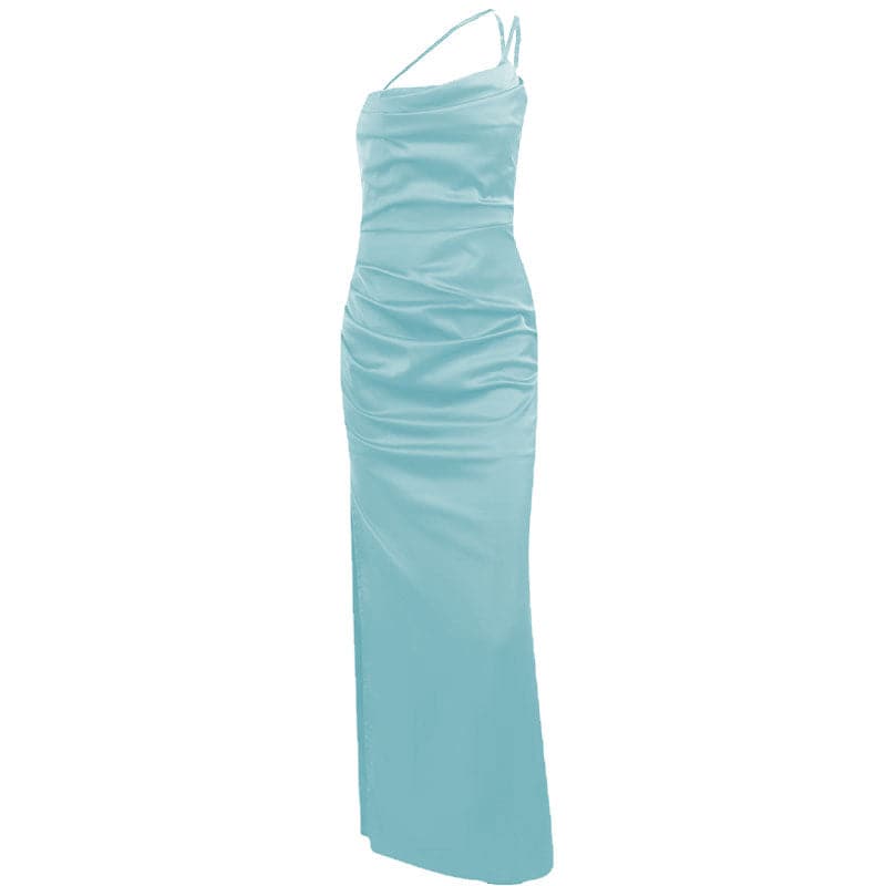 One-Shoulder Double Strap Ruched Satin Side Slit Maxi Gown 8