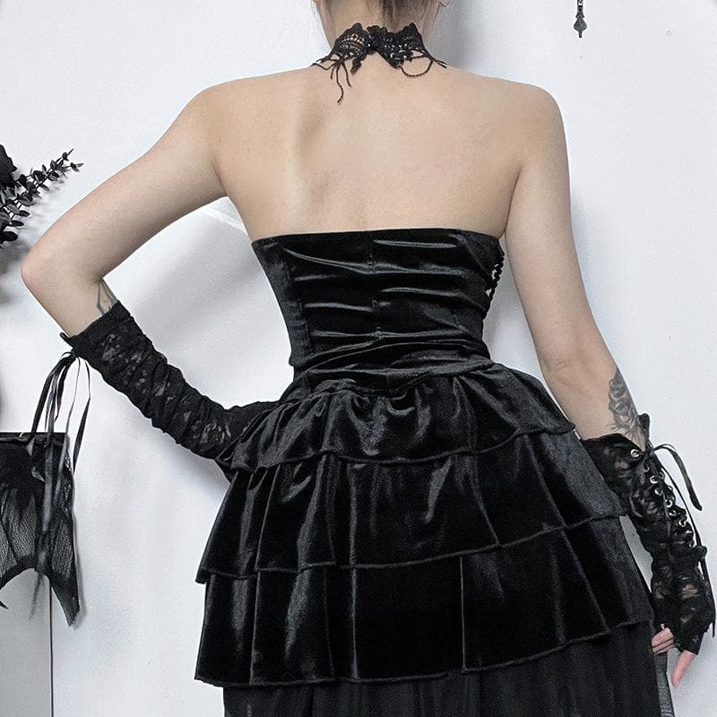 Halter Lace Trim Velvet Corset Tiered Train Skirt Set 3