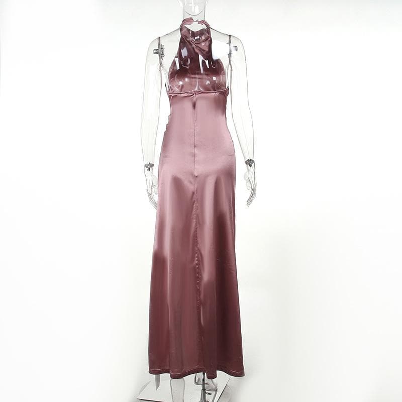 Ruched Satin Zip Up Halter Backless Slit Maxi Dress 4