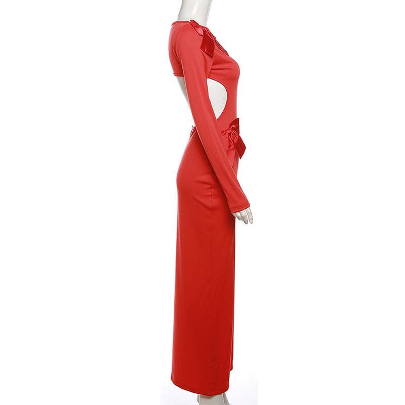 Long Sleeve Side Cutout Bow Detail Bodycon Maxi Dress 3