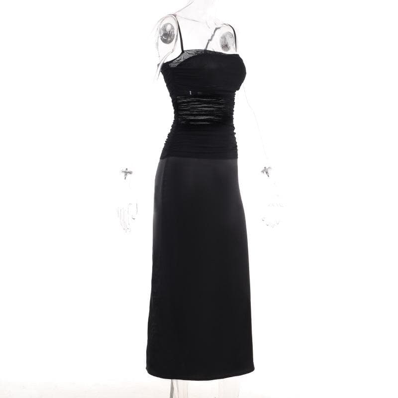 Square Neck Ruched Mesh Satin Panel Maxi Dress 3
