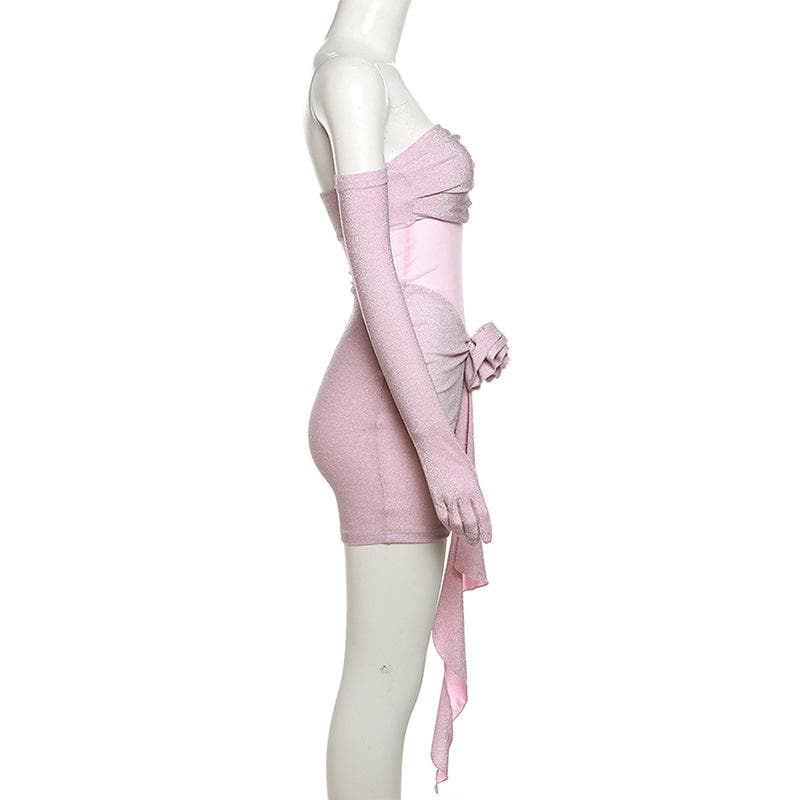 Strapless Glitter Mesh Flower Applique Ruched Ruffle Hem Tube Mini Dress with Opera Gloves 3