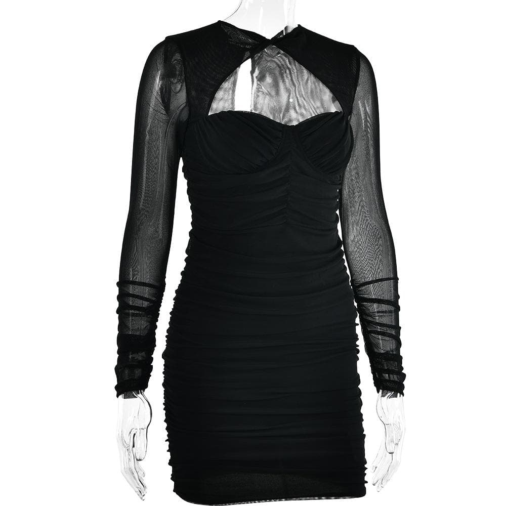Twist Neck Mesh Sleeve Chest Cutout Ruched Bodycon Mini Dress 5