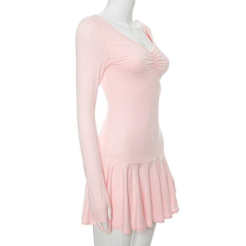 Deep V Ruched Glove Sleeve Ruffle Trim Mini Dress 3