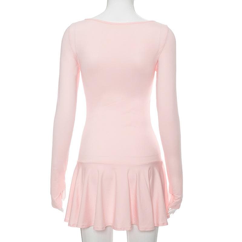 Deep V Ruched Glove Sleeve Ruffle Trim Mini Dress 4