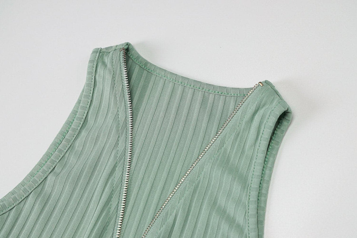 Ribbed Zip Front Deep V Halter Neck Bodycon Mini Dress 5