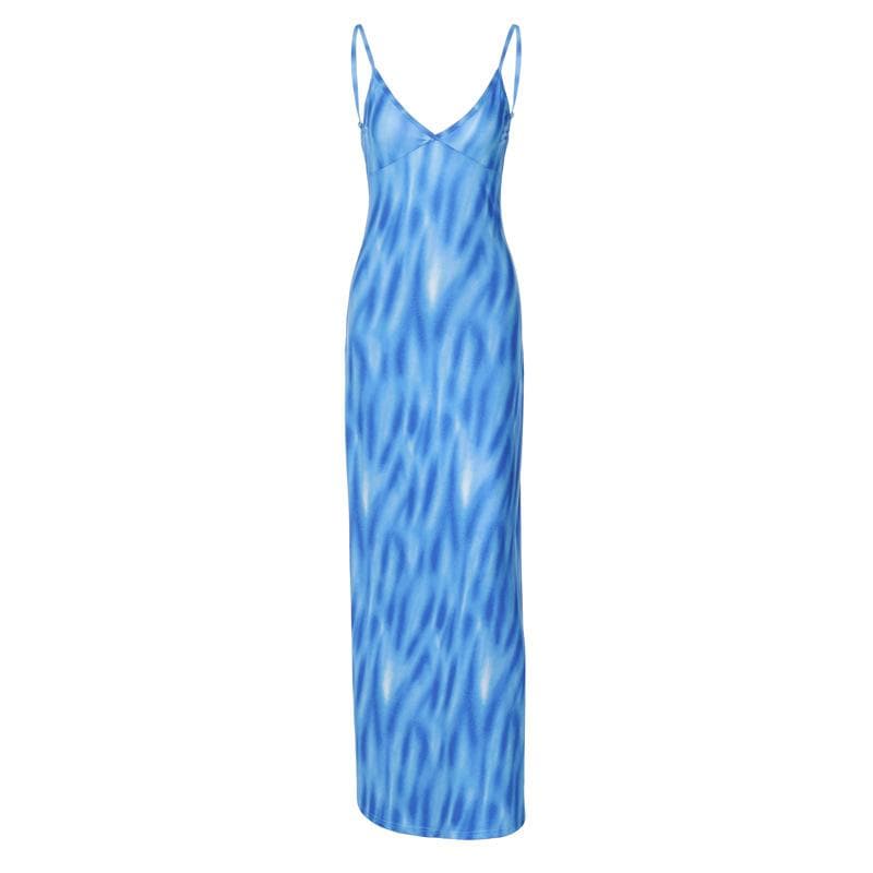 V Neck Spaghetti Strap Abstract Swirl Print Bodycon Maxi Dress 2