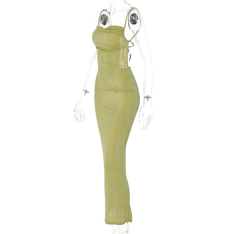 Square Neck Ruched Self Tie Backless Sleeveless Midi Dress 4