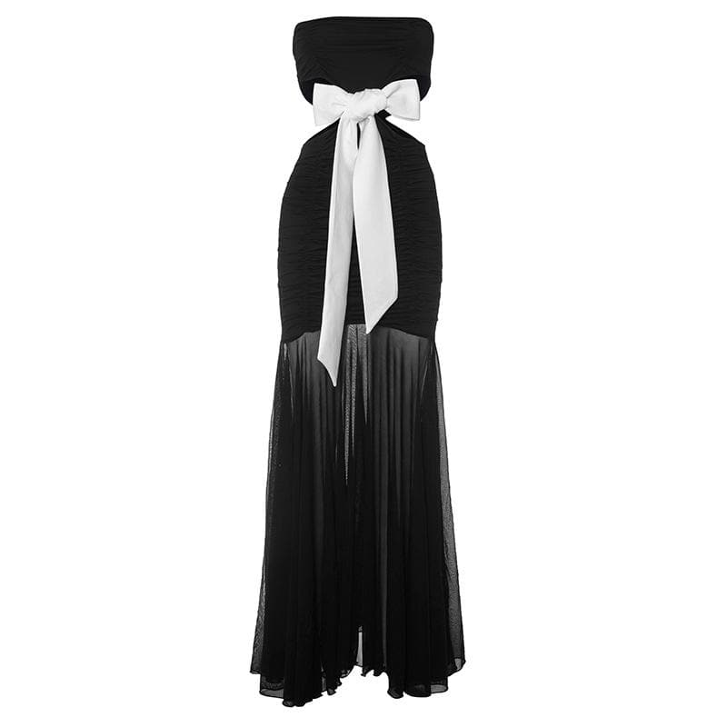 Strapless Ruched Bow Waist Cutout Sheer Tiered Maxi Dress