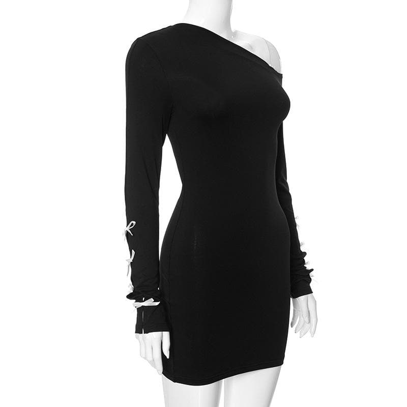 One Shoulder Bow Tie Slit Sleeve Long Sleeve Hollow Out Mini Dress 5