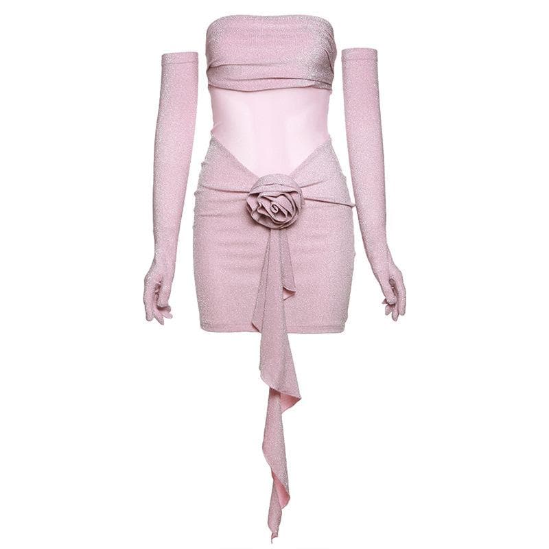 Strapless Glitter Mesh Flower Applique Ruched Ruffle Hem Tube Mini Dress with Opera Gloves 2