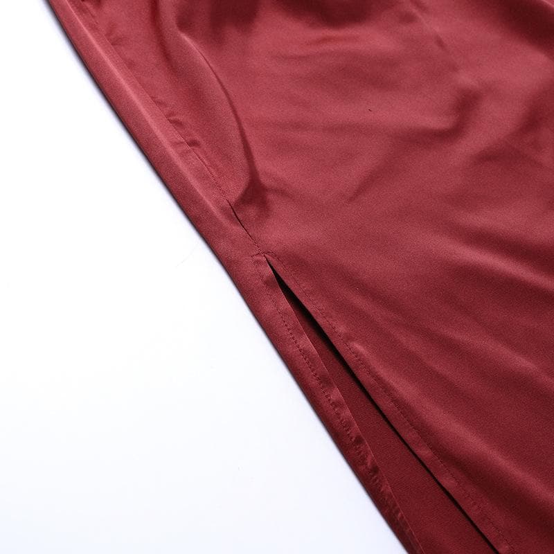 One-Shoulder Double Strap Ruched Satin Side Slit Maxi Gown 6