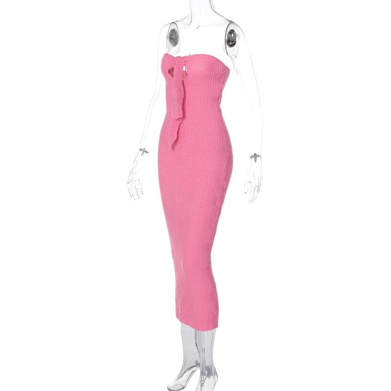 Strapless Sweetheart Basketweave Knit Keyhole Tie Front Column Midi Dress 5