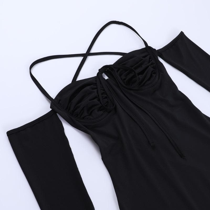 Sweetheart Tie Front Cold Shoulder Long Sleeve A-Line Mini Dress 9